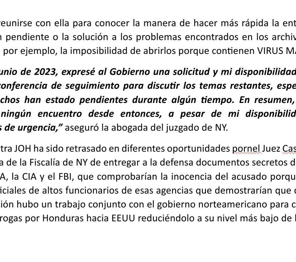 Abogada de JOH solicita posponer audiencia de información clasificada para “poder prepararse”