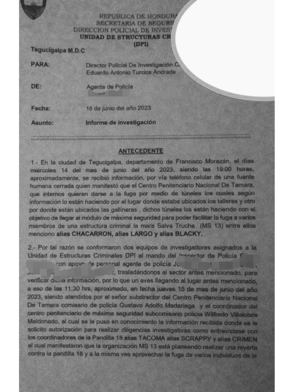 $!La Dirección Policial de Investigación (DPI) elaboró un informe especial de los túneles que la MS-13 cavó en Támara