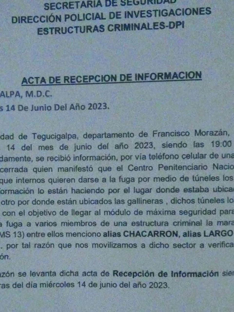 $!Esta acta de recepción de la Unidad de Estructuras Criminales de la DPI muestra detalles de como se denunció la existencia de túneles en Támara.