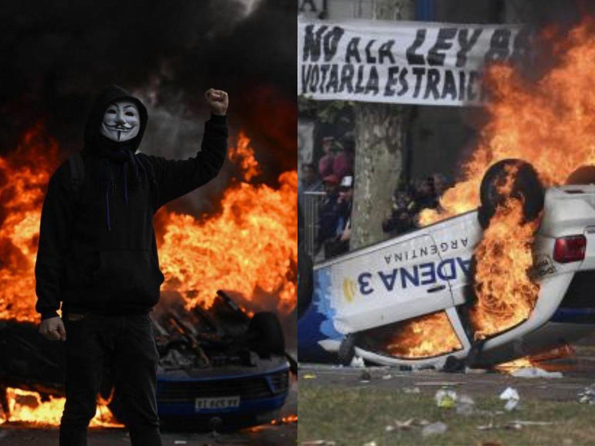 En medio del gas lacrimógeno lanzado por los policiales, manifestantes muestran su descontento ante el paquete de reformas. Desde el Congreso de Argentina se debate la Ley Bases de Milei, quien no ha logrado respaldo legislativo.