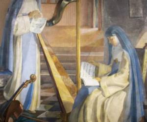 “Las monjas”, Pablo Zelaya Sierra (1924). La estructura compositiva de esta obra, su resolución cubista y el uso del color construyen una realidad que no es ideológica, pero integra lo lírico y alegórico como realidad de esta pieza.