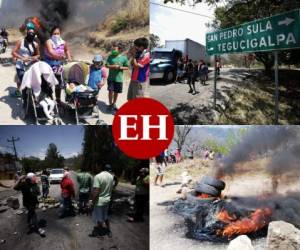 En medio del humo, el sol y con sus estómagos vacíos, los vecinos de la aldea El Lolo de Comayagüela, se manifestaron este miércoles, pidiendo alimentos, pañales y leche para sus hijos, tras varios días de permanecer en confinamiento obligatorio, obedeciendo el toque de queda dictado por el gobierno para frenar el avance del coronavirus en el país. Fotos: Emilio Flores/ Estalin Irías/ EL HERALDO