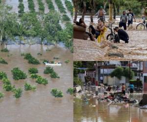 Aunque el huracán Iota no pasó directamente por el Valle de Sula la vulnerabilidad que provocó el huracán Eta dos semanas atrás junto a las lluvias provocadas por Iota causó que el Valle de Sula se volviera a sumergir bajo el agua. Fotos: AFP