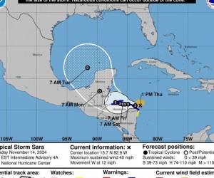 A la tormenta tropical Sara se le suma la formación de dos frentes fríos que levantan las alertas en México. La imagen del Centro Nacional de Huracanes (NHC) estadounidense muestra el pronóstico de cinco días del paso de la tormenta tropical por Centroamérica.