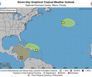 El Centro Nacional de Huracanes monitorea la formación del sistema de baja presión en el Caribe al suroeste de Nicaragua y una vaguada de baja presión cerca de Puerto Rico.