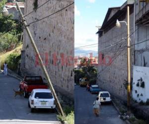 1) El poste del alumbrado eléctrico era un peligro para los residentes de la zona debido a que solo estaba sostenido por el tendido eléctrico. 2) Varios meses tuvieron que pasar para que las cuadrillas de la estatal eléctrica se hicieran presentes a cambiar el madero que estaba a punto de caer. Fotos: Efraín Salgado-Emilio Flores/EL HERALDO