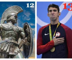 Una estátua de Leónidas de Rodas en Atenas y una foto actual de la última medalla de oro de Michael Phelps.