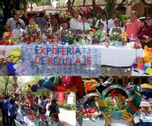 Los docentes y alumnos de la CEB Las Acacias elaboraron un estandarte a base de bolsas de agua.