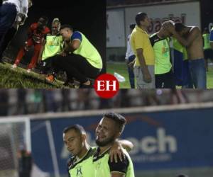 Los rostros de tristeza de los jugadores del Olancho FC por perder la posibilidad de clasificar al máximo circuito del balompié nacional ante Real Sociedad en el estadio Juan Ramón Brevé de Olancho. Foto: Marvin Salgado y Alex Pérez/ EL HERALDO.