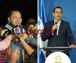 Marvin Galo, dirigente del transporte atieden a medios de prensa en Tegucigalpa tras salir de una reunión con el gobierno. Carlos Madero, ministro del Trabajo de Honduras en conferencia de prensa tras la misma reunión. Fotos: Marvin Salgado / El Heraldo.