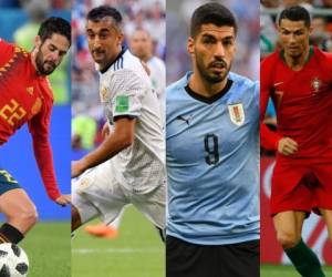 Isco, de España; Samedov de Rusia; Luis Suárez de Uruguay y Cristiano Ronaldo de Portugal. (AFP)