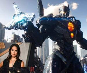 Imagen difundida por Universal Pictures muestra una escena de la película “Pacific Rim Uprising”. Sobre ella una imagen de Adria Arjona. Fotos: AP/EL HERALDO HONDURAS.