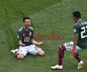 Hirving Lozano celebra después de anotar durante el partido de fútbol del Grupo F de la Copa Mundial Rusia 2018 entre Alemania y México en el Estadio Luzhniki en Moscú. Foto: AFP