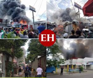 Un pavoroso incendio se registró la tarde de este lunes en la primera avenida, segunda y tercera calle del centro de la ciudad de San Pedro Sula, zona norte de Honduras. Fotos cortesías.