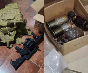 Entre chalecos antibalas, un fusil lanzagranadas y granadas de diferente tipo fueron encontradas dentro de una casa en la residencial Villas Mackay de San Pedro Sula.