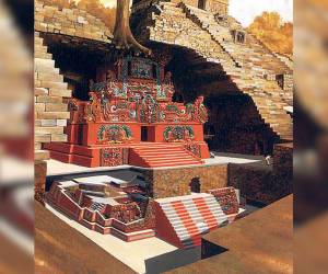 Rosalila está dedicado al fundador de la dinastía maya de Copán, K’inich Yax K’uk’ Mo’. En la imagen se observa su tumba situada perfectamente al centro del cuarto central del templo.