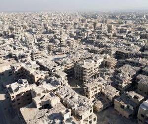 Vista de dron sobre el campo de refugiados de Yarmouk en Siria, que lleva albergando personas desde mucho antes del inicio de la guerra civil siria durante la Primavera Árabe en 2011.