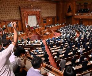 Los miembros de la Cámara de Consejeros votan por la elevación de la edad de consentimiento sexual en la sesión plenaria del viernes de la Cámara de Consejeros en Tokio.