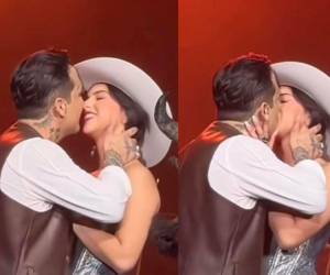 Christian Nodal y Ángela Aguilar se besan por primera vez en público durante concierto en México.