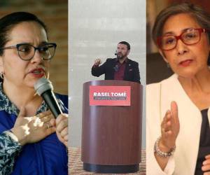 De izquierda a derecha: Ana García, del Partido Nacional; Rasel Tomé de Libre; y Maribel Espinoza del Partido Liberal.