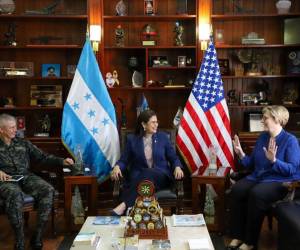 La embajadora de los Estados Unidos en Honduras, Laura Dogu (derecha) se reunió con la ministra de Defensa, Rixi Moncada Godoy y le acompañó el Jefe del Estado Mayor Conjunto de las Fuerzas Armadas, general Roosevelt Hernández, donde abordaron diversos temas.