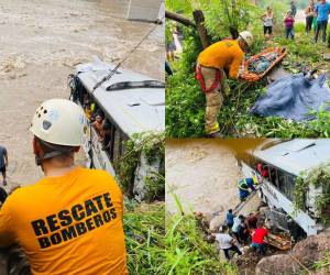 Desde las 3:30 de la madrugada dieron inicio los trabajos de rescate de los migrantes que iban en un bus que se despistó y cayó en la ribera del río Higuito de Santa Rosa de Copán, en la zona de occidental. Estas son las imágenes de los trabajos de rescate.