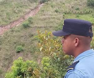 Un agente policial observa el área donde se cree podría existir un cementerio clandestino.