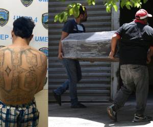A la izquierda, la espalda de Carlos Humberto Sánchez García, uno de los pandilleros detenidos por el crimen de los jóvenes tras una mudanza. A la derecha, familiares retirando a las víctimas de la morgue de Tegucigalpa.