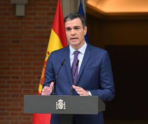 En esta imagen del folleto proporcionada por La Moncloa el 29 de mayo de 2023, el primer ministro español, Pedro Sánchez, habla en el Palacio de La Moncloa en Madrid cuando convocó elecciones anticipadas en julio.