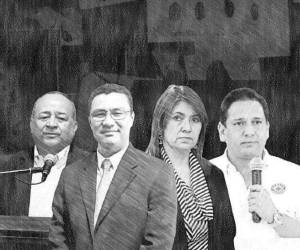 De izquierda a derecha, Julián Pacheco Tinoco (exsecretario de Seguridad); Ebal Díaz (exsecretario de la presidencia); Alba Consuelo Flores (exministra de Salud) y Gabriel Rubí (extitular de Copeco), todos exfuncionarios en el gobierno de Juan Orlando Hernández.