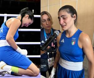 Angela Carini reacciona tras abandonar la pelea ante la boxeadora transgénero.