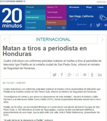 Medios internacionales destacan crimen contra el periodista hondureño Igor Padilla de HCH