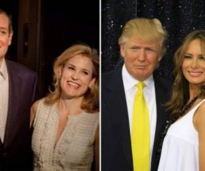 Ted Cruz y su agredida esposa Heidi Cruz a la izquierda, Donald Trump y su guapa esposa Melania Trump a la derecha.