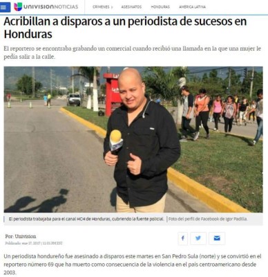 Medios internacionales destacan crimen contra el periodista hondureño Igor Padilla de HCH