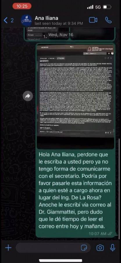 Conversación entre Roberto y la asistente de Mynor Alfonso De la Rosa Palacios en la que se confirma que les entregó información sobre las extorsiones que sufre producto de las relaciones sexuales que mantuvo con el ahora presidente.