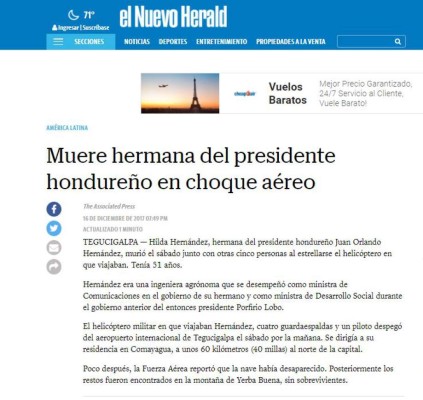 Así anuncia la prensa internacional la desaparición de helicóptero y muerte de Hilda Hernández, hermana del presidente hondureño