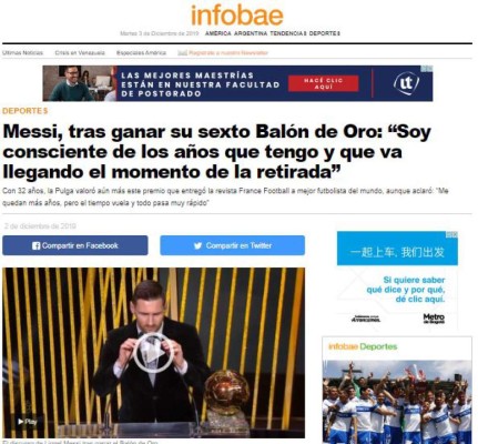 FOTOS: La prensa mundial se rinde ante Messi tras ganar su sexto Balón de Oro