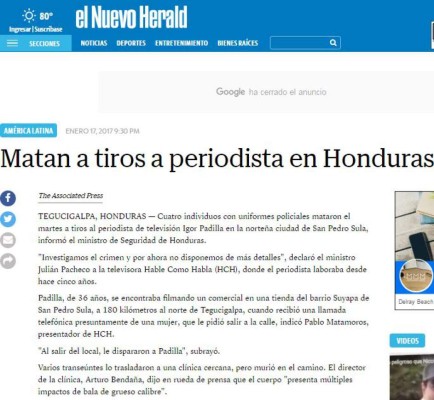 Medios internacionales destacan crimen contra el periodista hondureño Igor Padilla de HCH