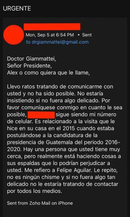 Email enviado por Roberto el 5 de septiembre del presente año al correo del presidente Alejandro Giammattei.