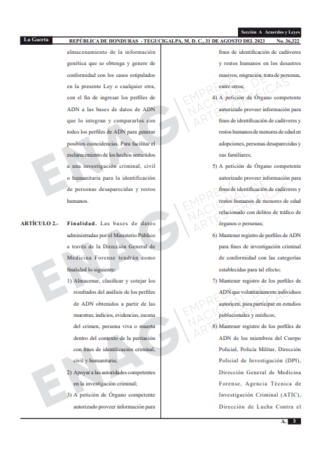 $!La normativa menciona que el Sistema de Bases de Datos de ADN estará a cargo del Ministerio Público.