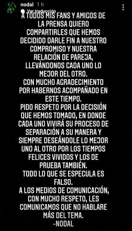 Comunicado compartido por Christian Nodal sobre su separación con la también cantante.