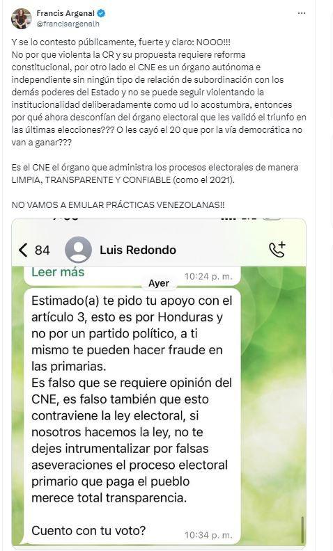 Francis Argeñal a Redondo: “No puede seguir violentando la institucionalidad como usted acostumbra”