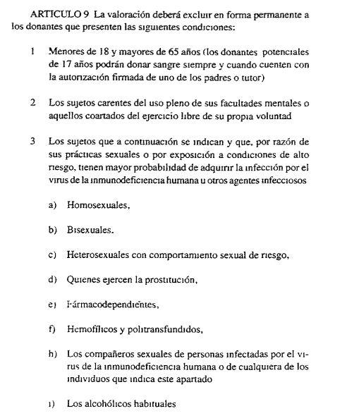 $!Artículo 9 de la Norma técnica para el manejo de la sangre y los componentes sanguíneos. En el numeral 3 se indica quiénes son los grupos que no pueden donar.