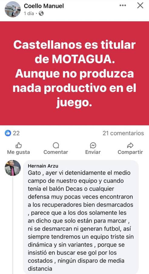 Las críticas del ‘Gato’ Coello por la titularidad de Héctor Castellanos en el Motagua.