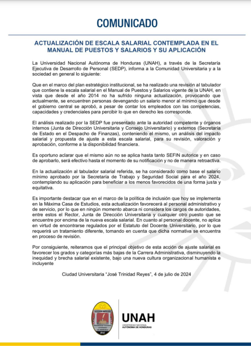 Este fue el comunicado publicado por la Universidad Nacional Autónoma de Honduras en julio de 2024.