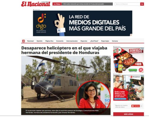 Así anuncia la prensa internacional la desaparición de helicóptero y muerte de Hilda Hernández, hermana del presidente hondureño