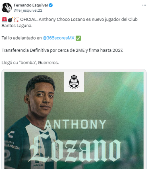 Antony “Choco” Lozano llega al Santos Laguna y así reaccionó la prensa de México