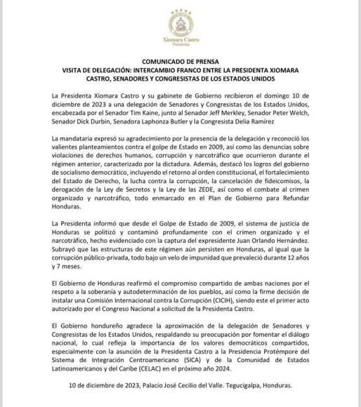 ¿Qué temas se hablaron en reunión entre Xiomara Castro y delegación de EUA?