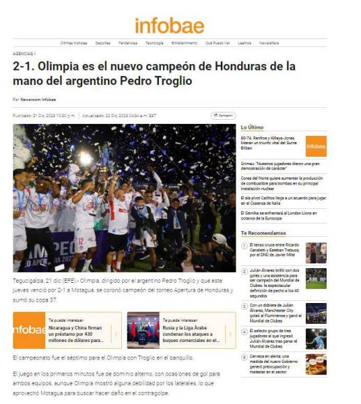 Prensa internacional destaca tricampeonato invicto del Olimpia de Troglio