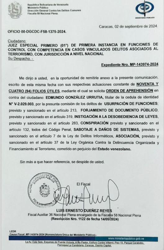 Fiscalía de Venezuela pide orden de captura contra Edmundo González Urrutia